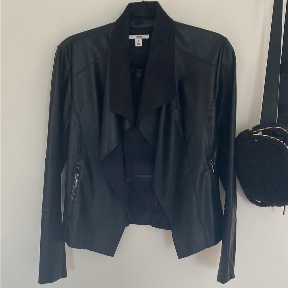 Bar III Black Leather Jacket with Shawl Collar and Fitted Silhouette